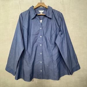 New CJ Banks Womens Blue Button Shirt Long Sleeve 2x Plus Classic Career Basics